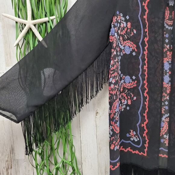 Petticoat Alley Fringed Kimono Cardigan Black Size XS - Picture 5 of 7